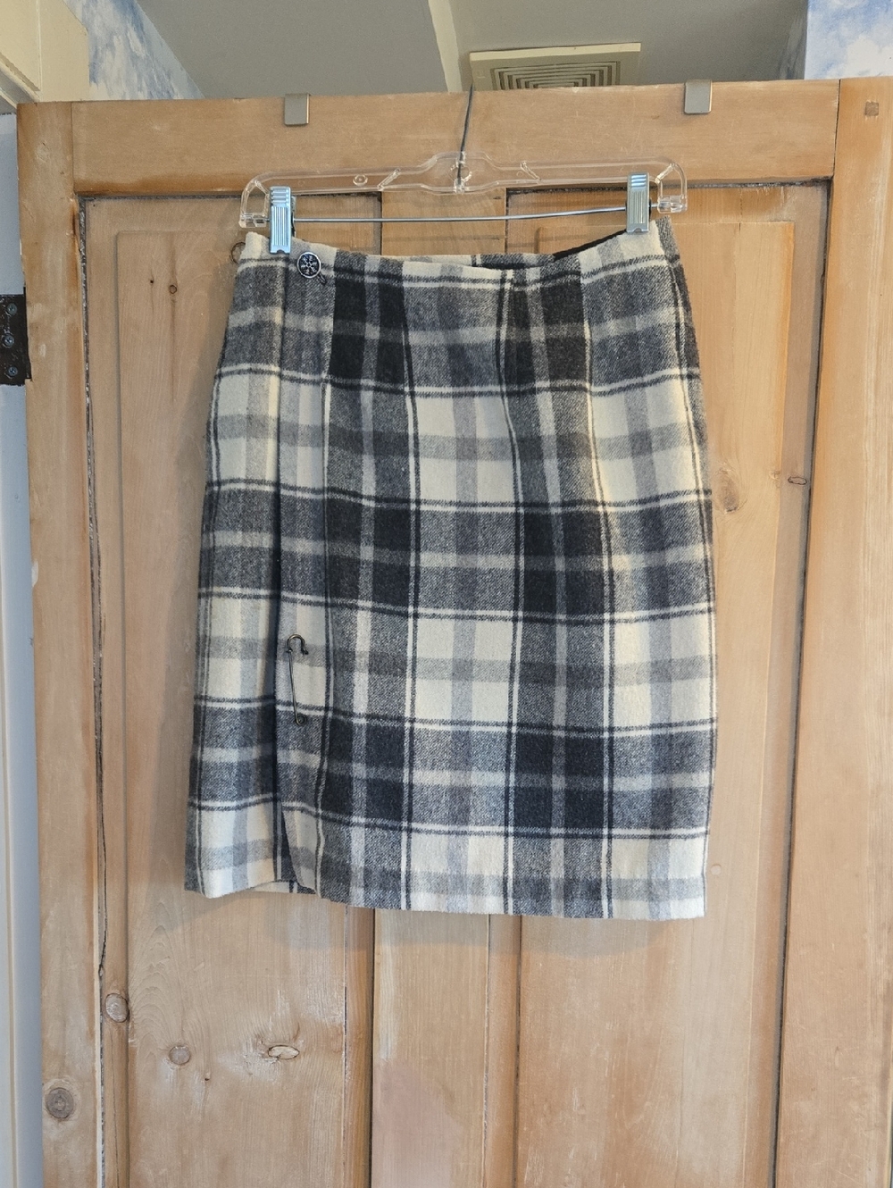 Lands' End Black & Cream Plaid Wool Wrap Skirt